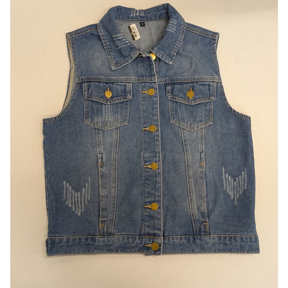 Womens Denim Vest Sleeveless Jean Jacket Distressed Button Front Size S